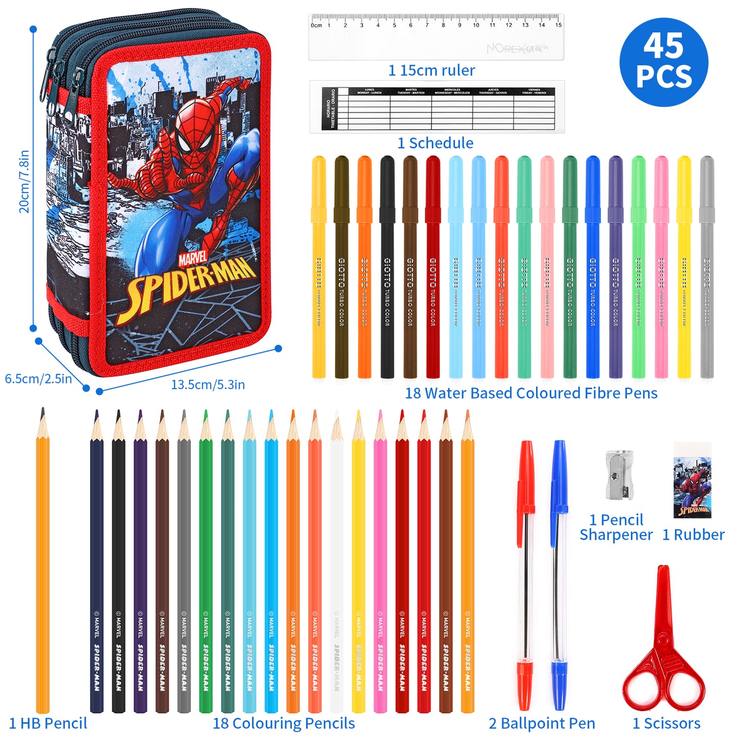 Spiderman 3 Compartments School Pencil Case | Includes All School Supplies Necessary for Preschool and Elementary - Official Marvel Licensed