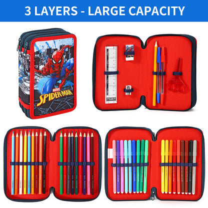 Spiderman 3 Compartments School Pencil Case | Includes All School Supplies Necessary for Preschool and Elementary - Official Marvel Licensed