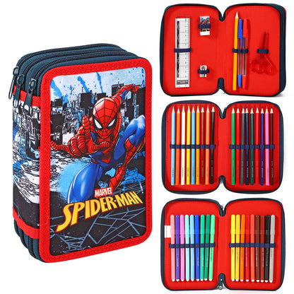 Spiderman 3 Compartments School Pencil Case | Includes All School Supplies Necessary for Preschool and Elementary - Official Marvel Licensed