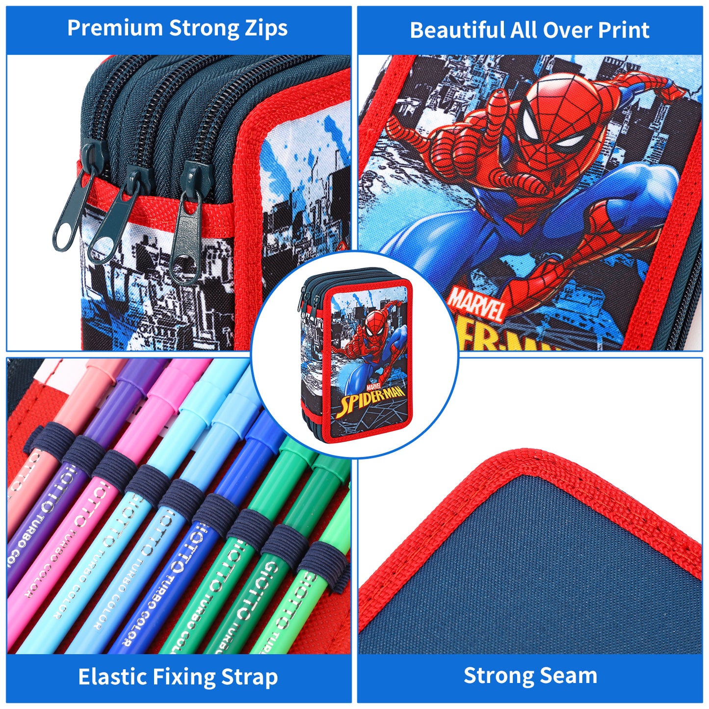 Spiderman 3 Compartments School Pencil Case | Includes All School Supplies Necessary for Preschool and Elementary - Official Marvel Licensed