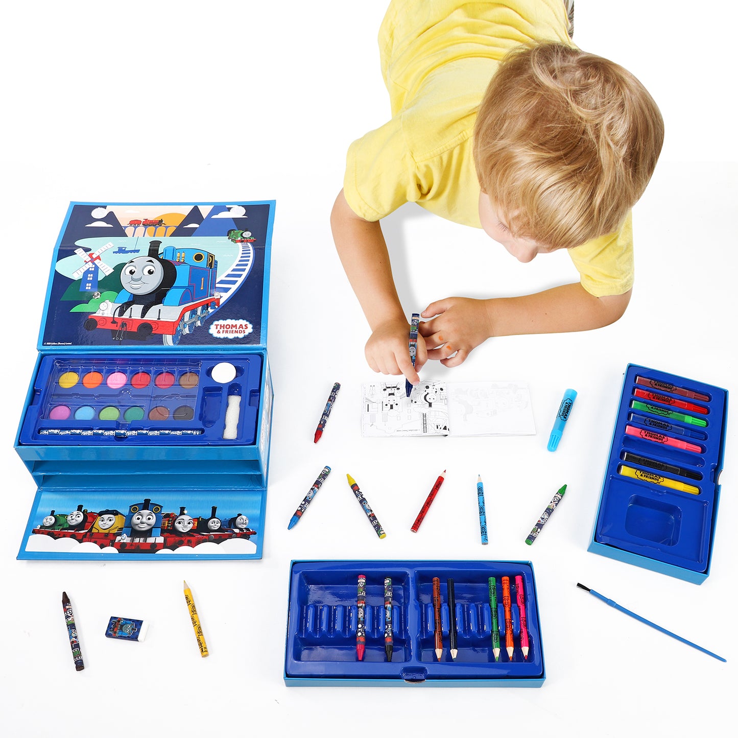 Thomas the Tank Engine 52pc Kids Colouring Sets with Watercolour Felt Tip Pens Crayons and Pencils Travel Set for Children