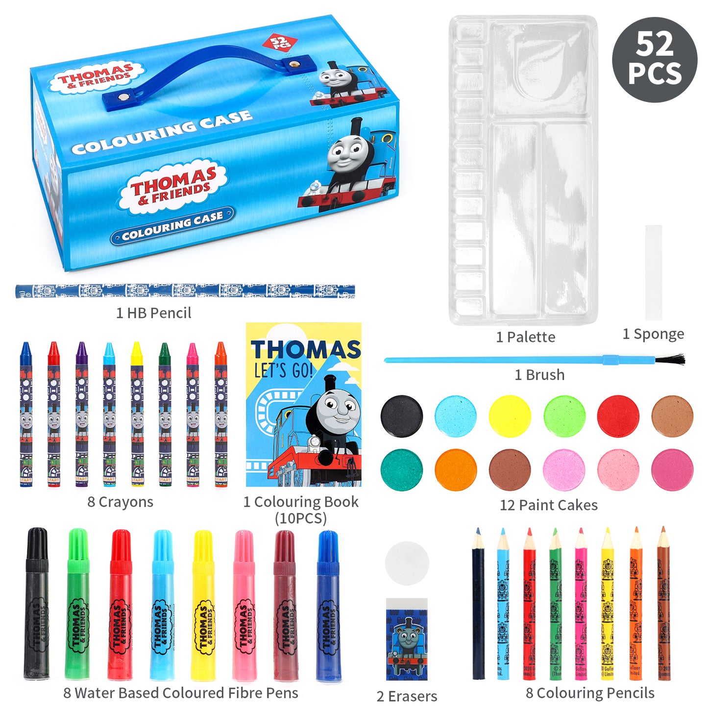 Thomas the Tank Engine 52pc Kids Colouring Sets with Watercolour Felt Tip Pens Crayons and Pencils Travel Set for Children