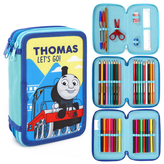 Thomas the Tank Engine 3 Tier Large Pencil Case Multi Compartment School Supplies Stationery Colouring Pens Pencils Sets, Blue