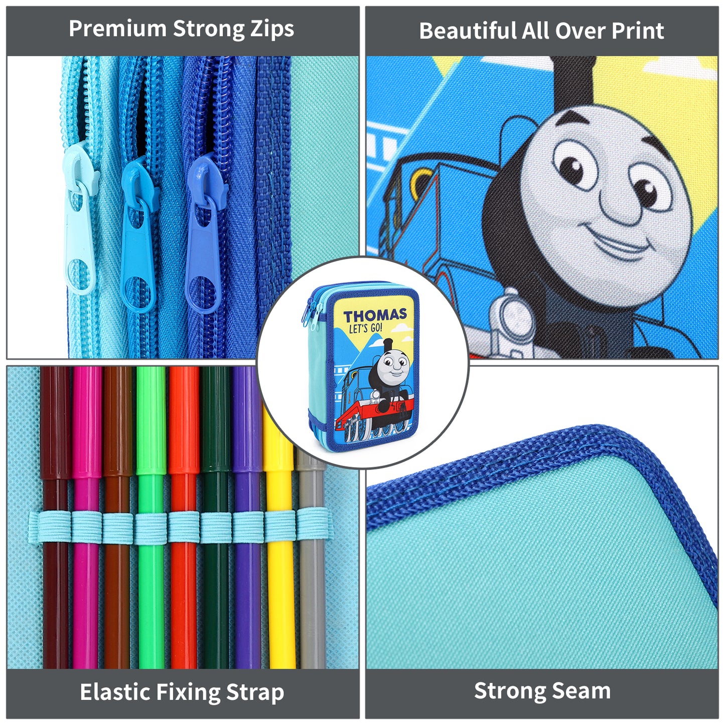 Thomas the Tank Engine 3 Tier Large Pencil Case Multi Compartment School Supplies Stationery Colouring Pens Pencils Sets, Blue