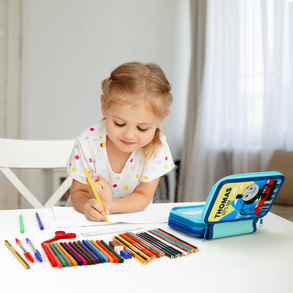 Thomas the Tank Engine 3 Tier Large Pencil Case Multi Compartment School Supplies Stationery Colouring Pens Pencils Sets, Blue