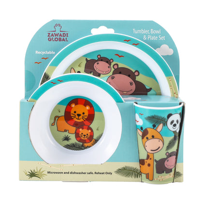 Animal 3Pcs Coloured Dining Set - Plate, Bowl and Tumbler Dinnerware Set for Children, BPA Free