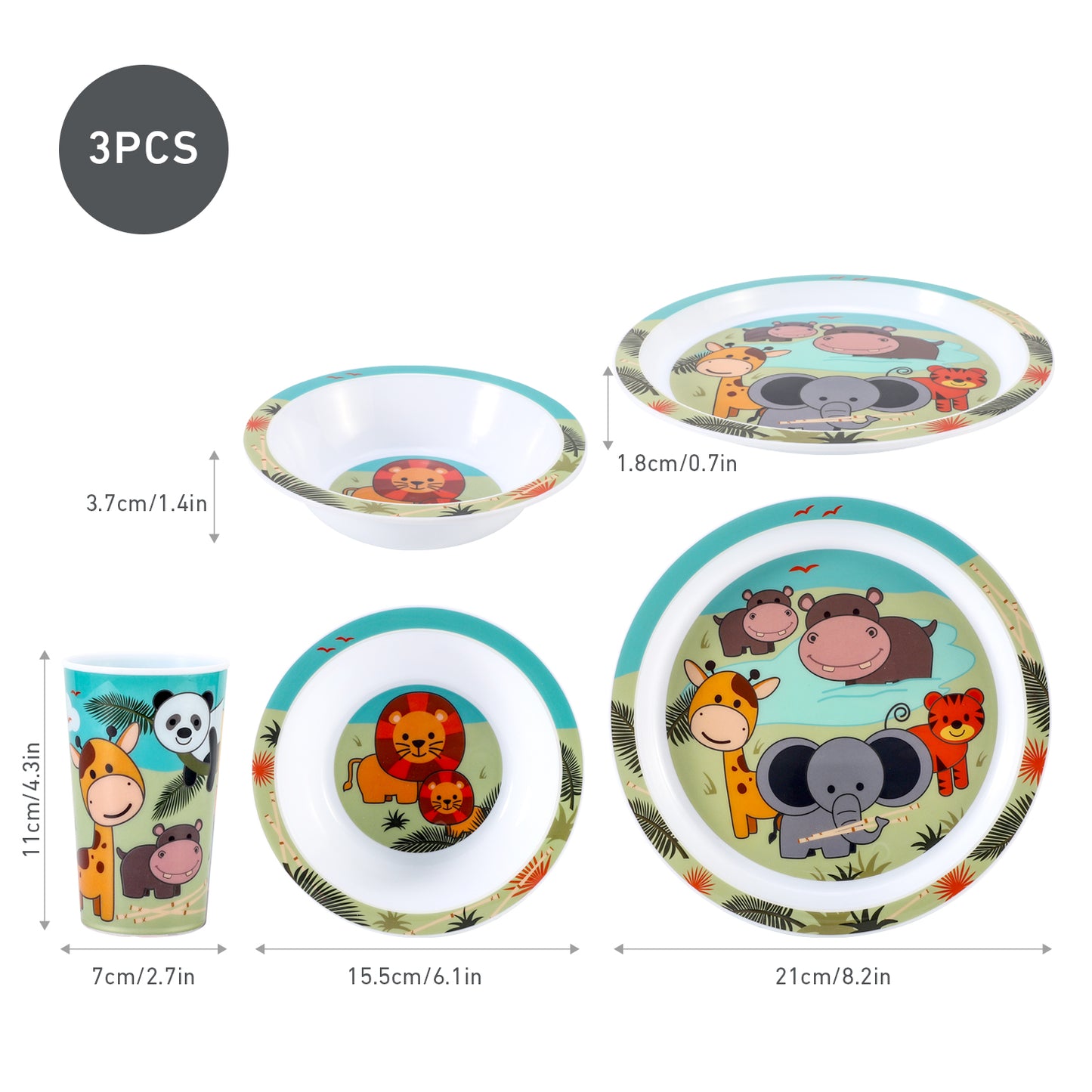 Animal 3Pcs Coloured Dining Set - Plate, Bowl and Tumbler Dinnerware Set for Children, BPA Free