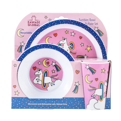 Unicorn 3Pcs Coloured Dining Set - Plate, Bowl and Tumbler Dinnerware Set for Children, BPA Free