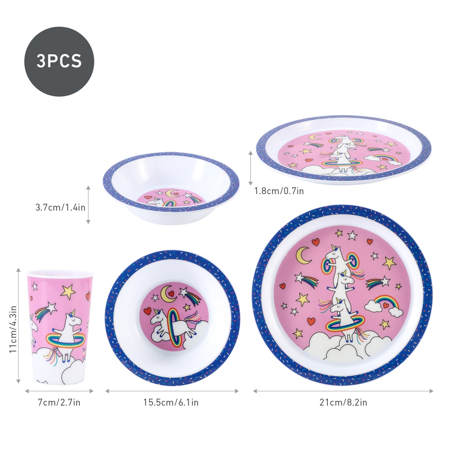 Unicorn 3Pcs Coloured Dining Set - Plate, Bowl and Tumbler Dinnerware Set for Children, BPA Free