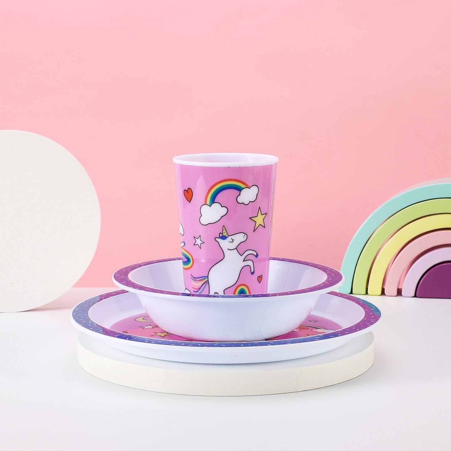 Unicorn 3Pcs Coloured Dining Set - Plate, Bowl and Tumbler Dinnerware Set for Children, BPA Free