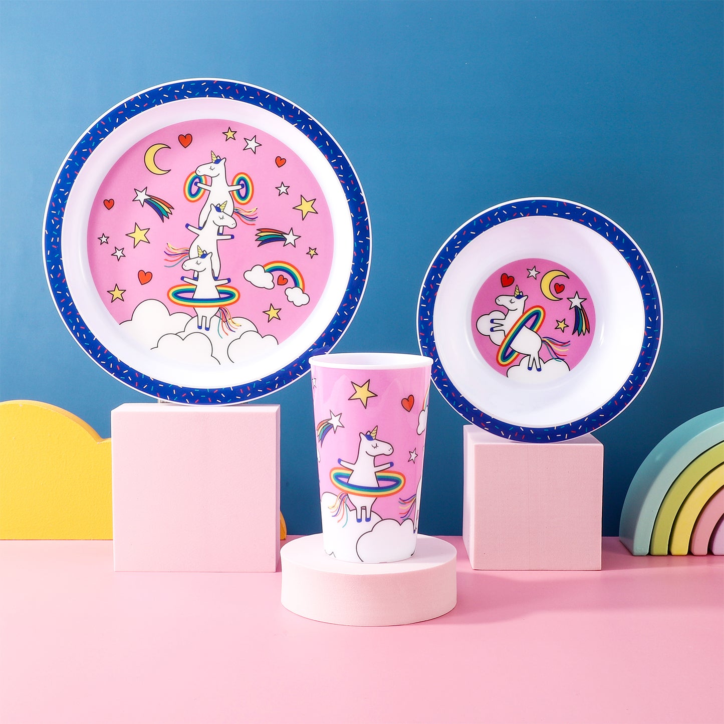 Unicorn 3Pcs Coloured Dining Set - Plate, Bowl and Tumbler Dinnerware Set for Children, BPA Free