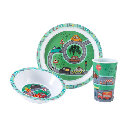 Vehicle 3Pcs Coloured Dining Set - Plate, Bowl and Tumbler Dinnerware Set for Children, BPA Free