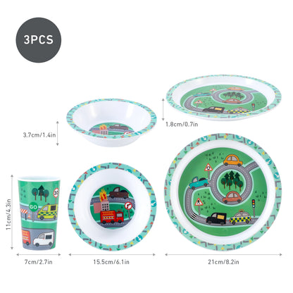 Vehicle 3Pcs Coloured Dining Set - Plate, Bowl and Tumbler Dinnerware Set for Children, BPA Free