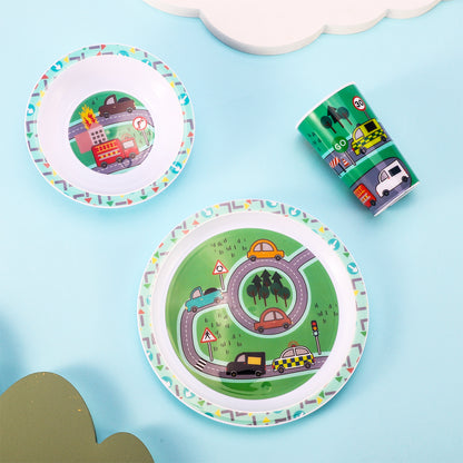 Vehicle 3Pcs Coloured Dining Set - Plate, Bowl and Tumbler Dinnerware Set for Children, BPA Free