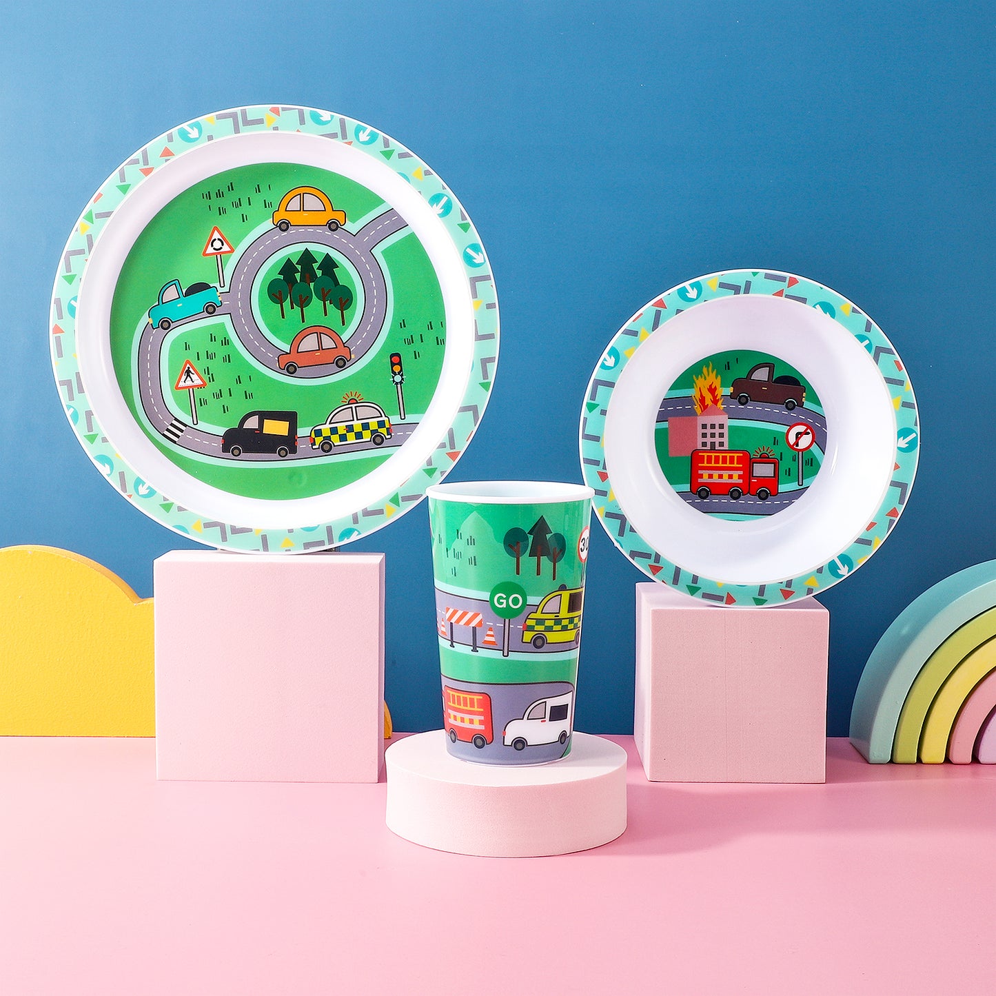 Vehicle 3Pcs Coloured Dining Set - Plate, Bowl and Tumbler Dinnerware Set for Children, BPA Free