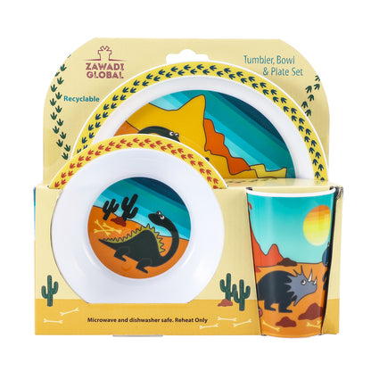 Dinosaur 3Pcs Coloured Dining Set - Plate, Bowl and Tumbler Dinnerware Set for Children, BPA Free