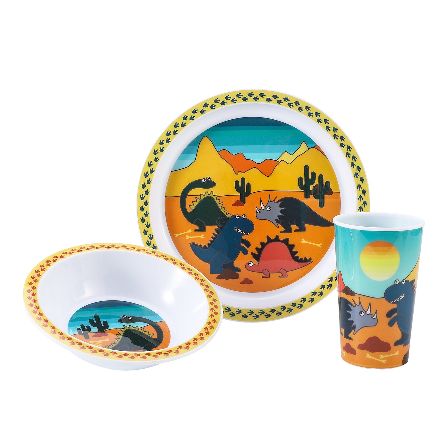 Dinosaur 3Pcs Coloured Dining Set - Plate, Bowl and Tumbler Dinnerware Set for Children, BPA Free