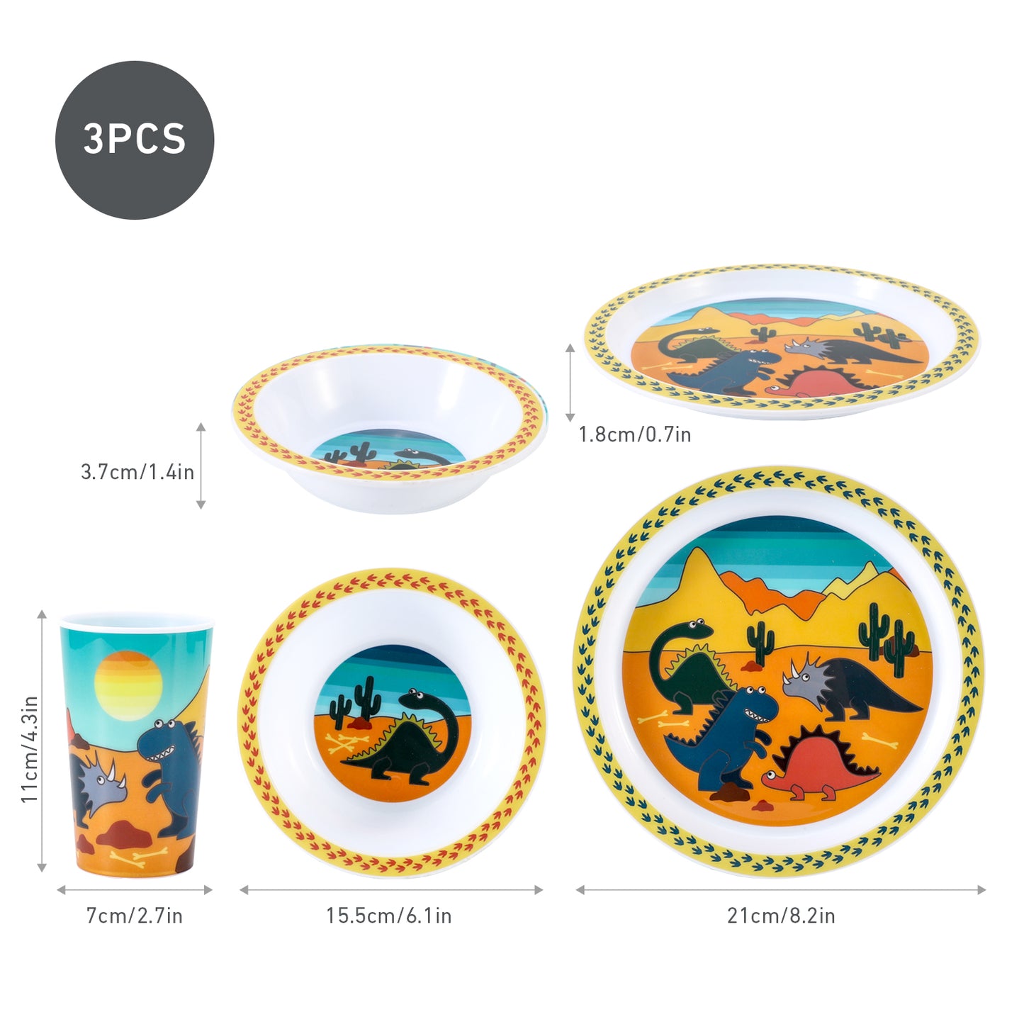 Dinosaur 3Pcs Coloured Dining Set - Plate, Bowl and Tumbler Dinnerware Set for Children, BPA Free