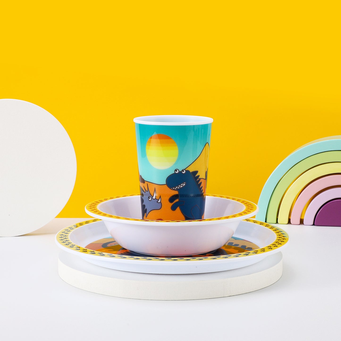 Dinosaur 3Pcs Coloured Dining Set - Plate, Bowl and Tumbler Dinnerware Set for Children, BPA Free