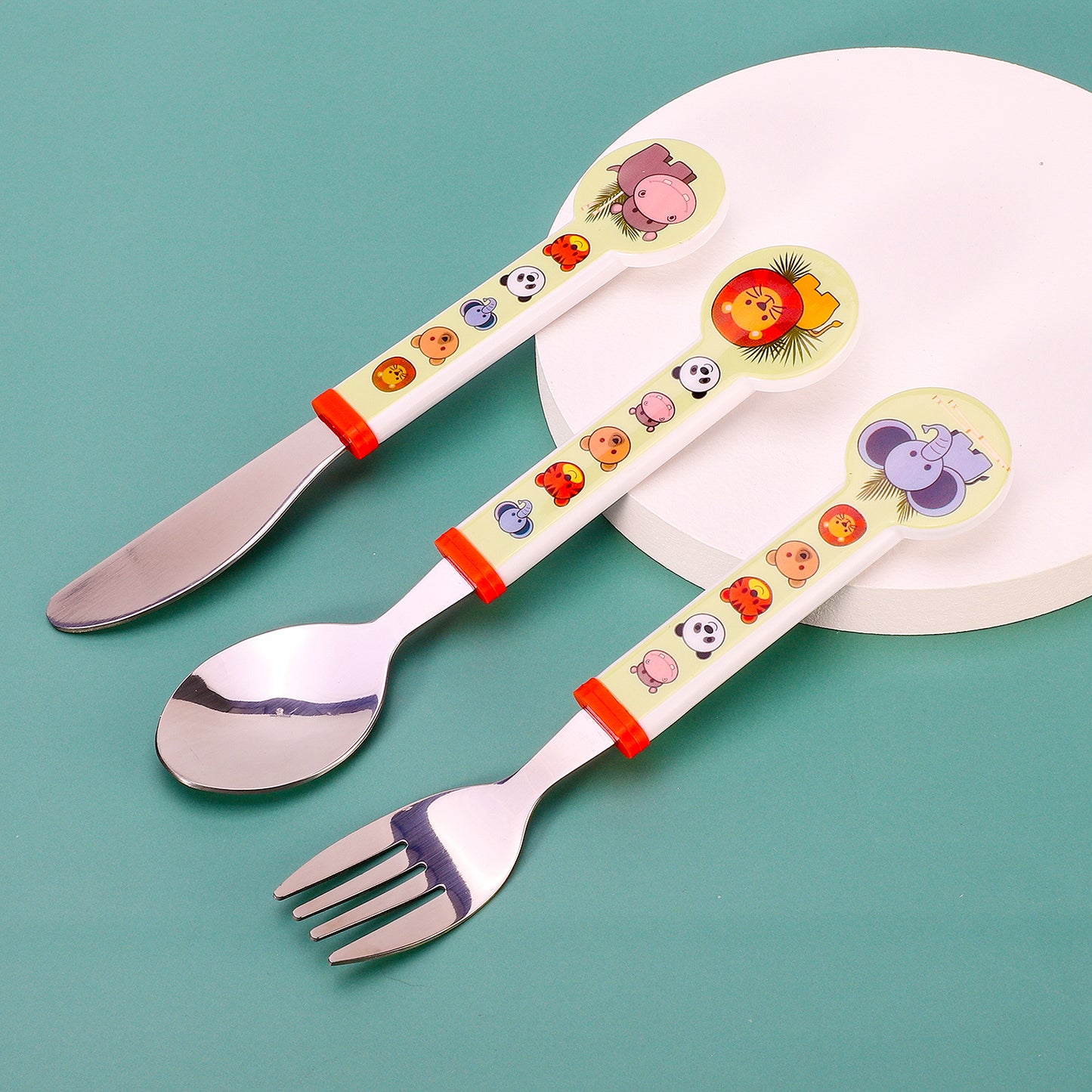 Animal Children's Kids 3pcs Stainless Steel Cutlery Utensil Set, Knife Fork Spoon