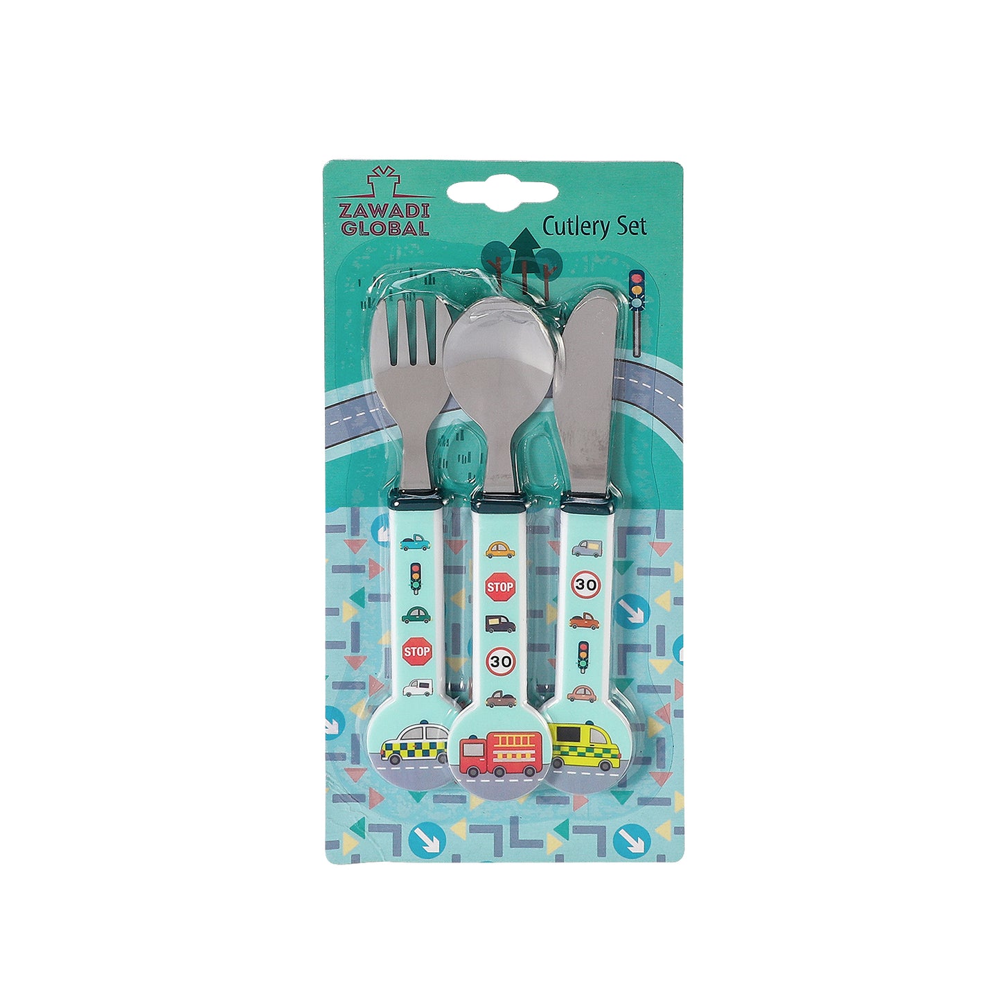 Vehicles Children's Kids 3pcs Stainless Steel Cutlery Utensil Set, Knife Fork Spoon