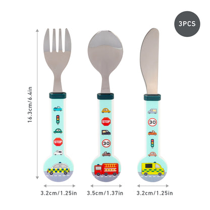 Vehicles Children's Kids 3pcs Stainless Steel Cutlery Utensil Set, Knife Fork Spoon