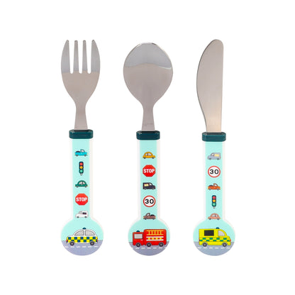 Vehicles Children's Kids 3pcs Stainless Steel Cutlery Utensil Set, Knife Fork Spoon