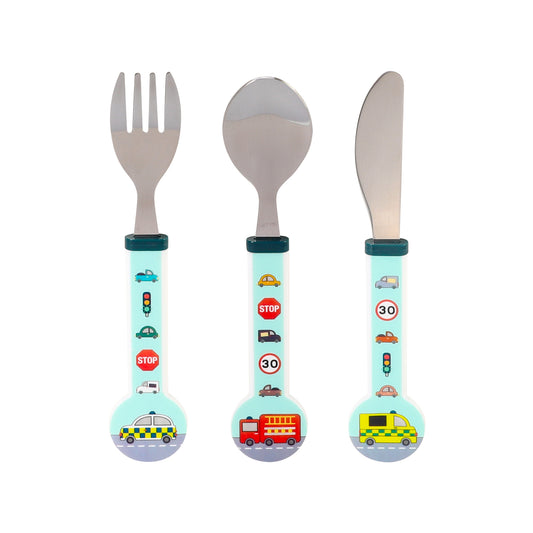 Vehicles Children's Kids 3pcs Stainless Steel Cutlery Utensil Set, Knife Fork Spoon