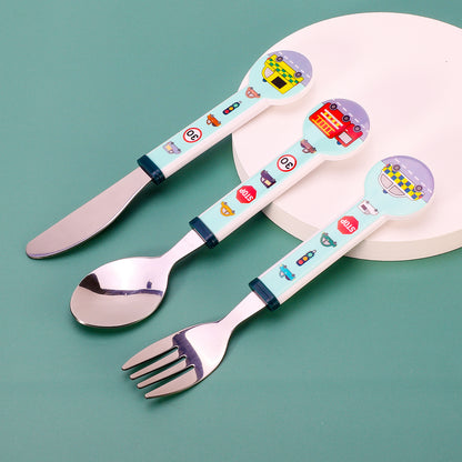 Vehicles Children's Kids 3pcs Stainless Steel Cutlery Utensil Set, Knife Fork Spoon