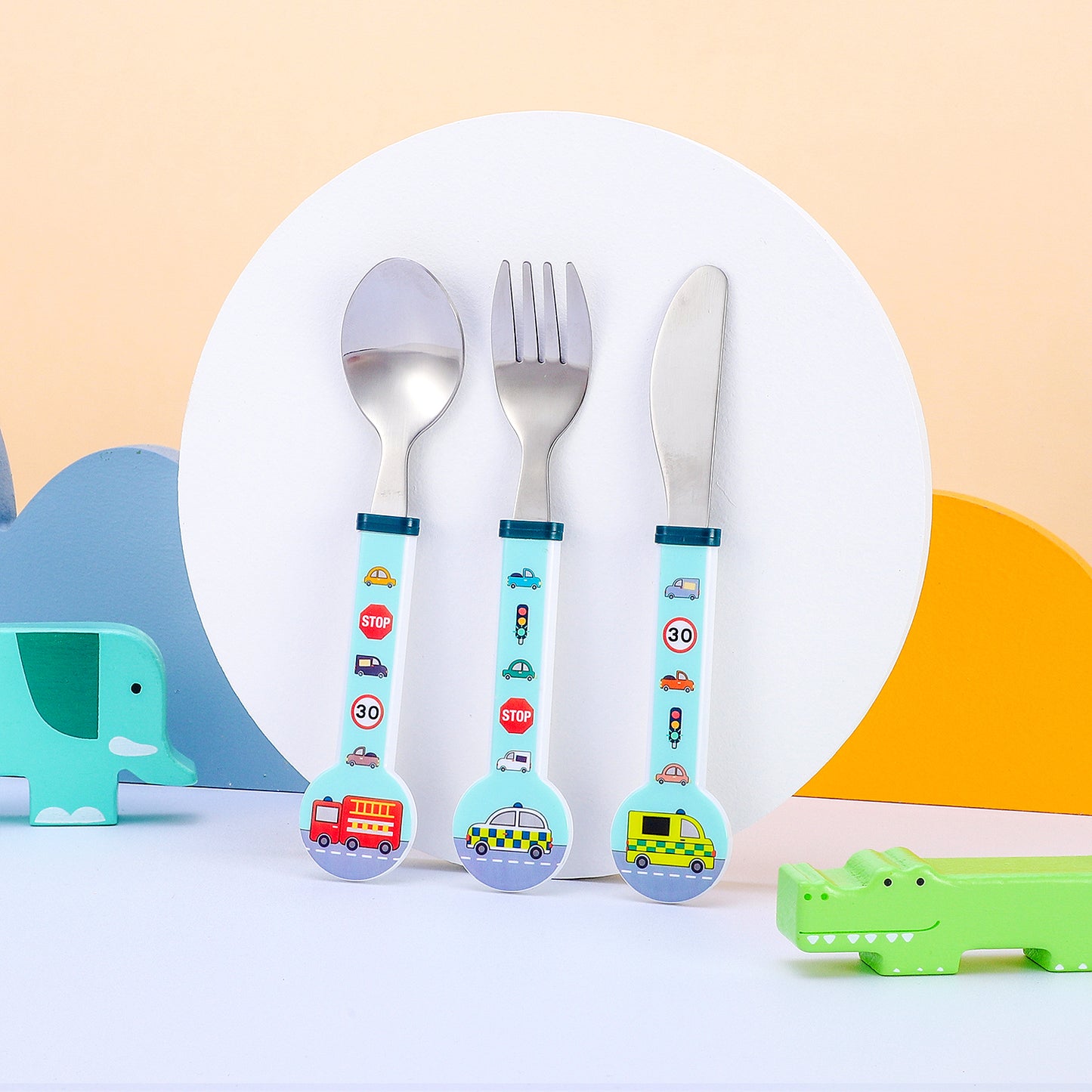 Vehicles Children's Kids 3pcs Stainless Steel Cutlery Utensil Set, Knife Fork Spoon