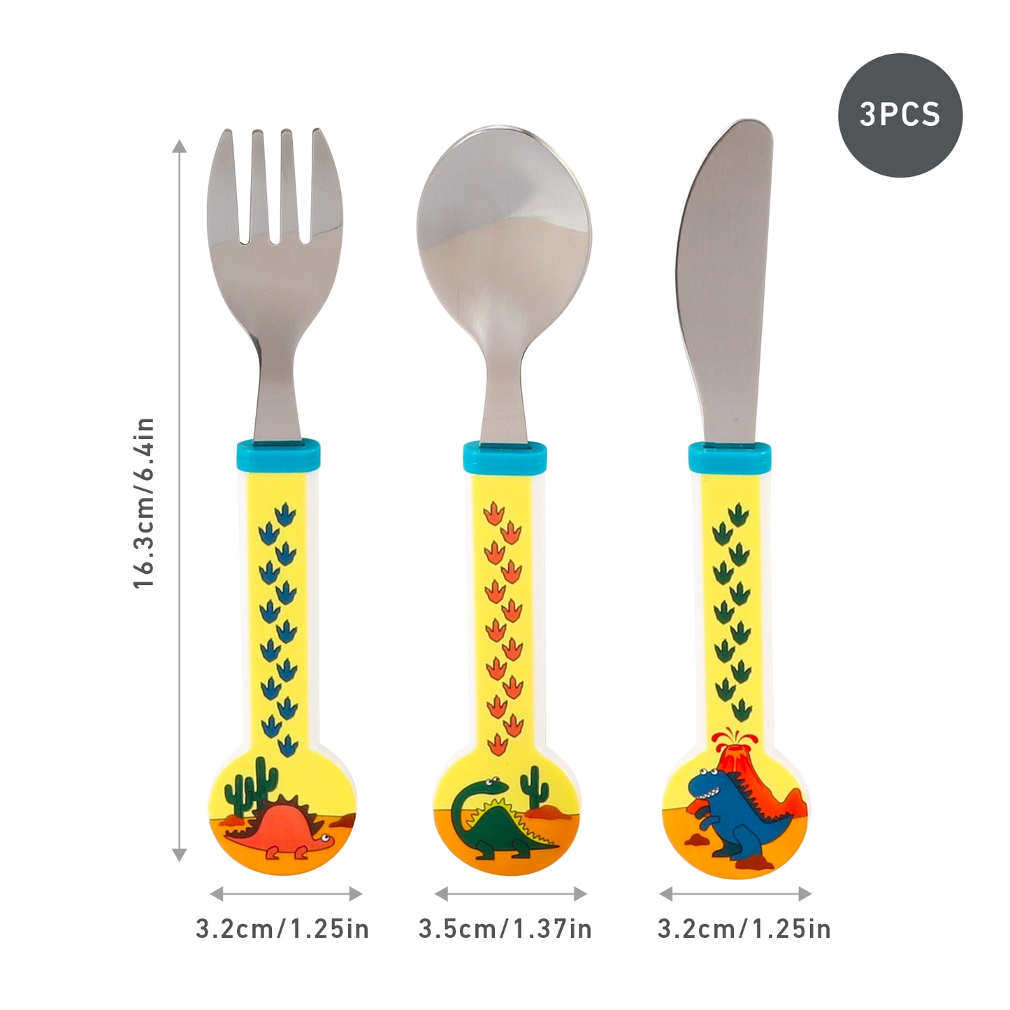 Dinosaurs Children's Kids 3pcs Stainless Steel Cutlery Utensil Set, Knife Fork Spoon